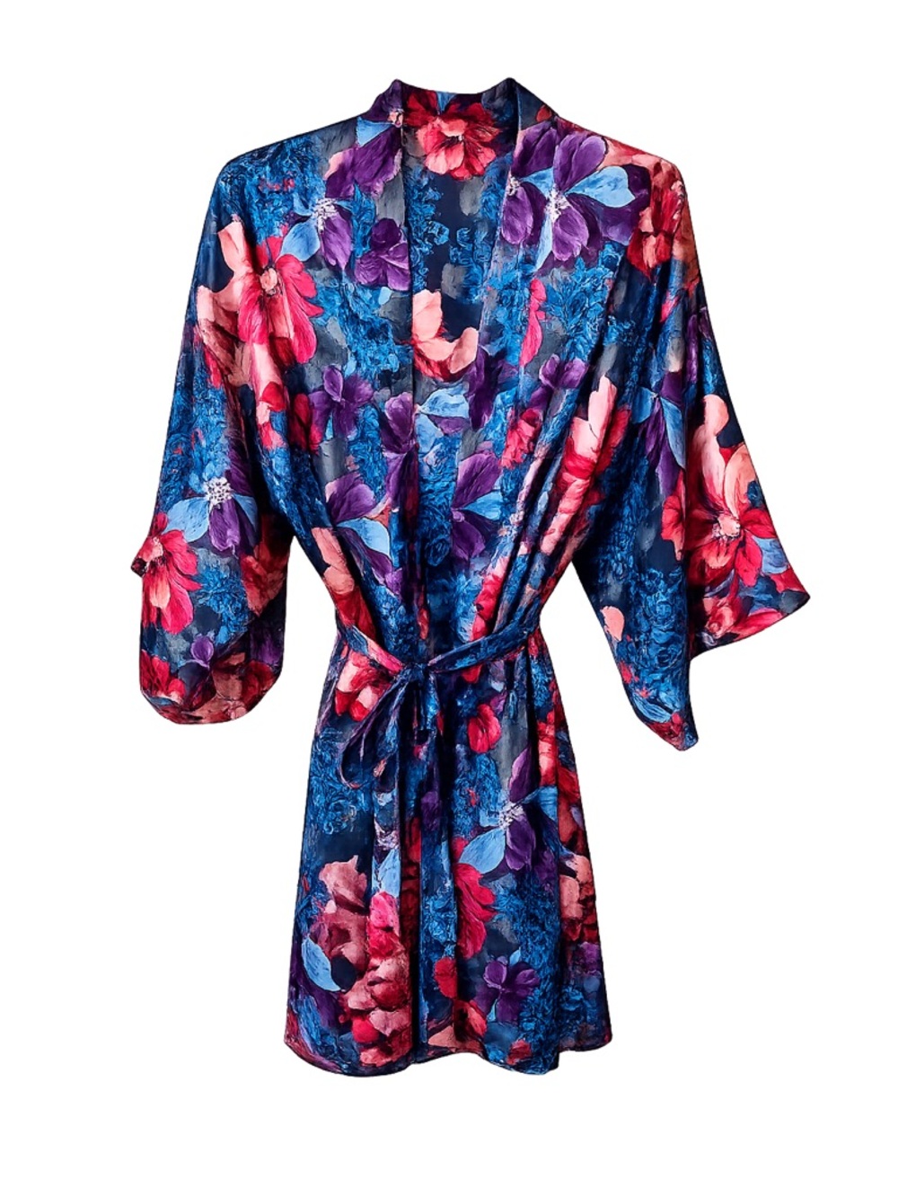 Vintage Moda Floral Satin Kimono Robe and Slip Dress Set